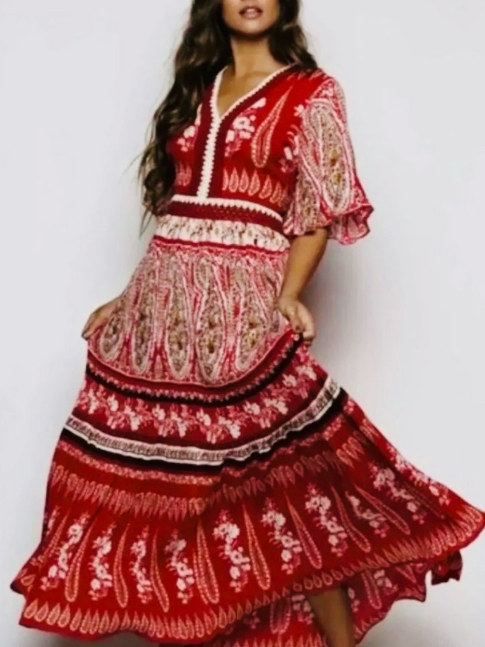 RAGA Anthropology NWT Red Paisley Boho Maxi Dress Size Medium
